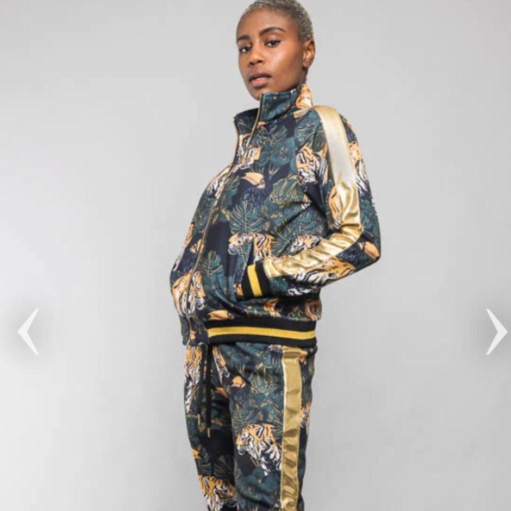Brand new tiger print track suit with gold stripes